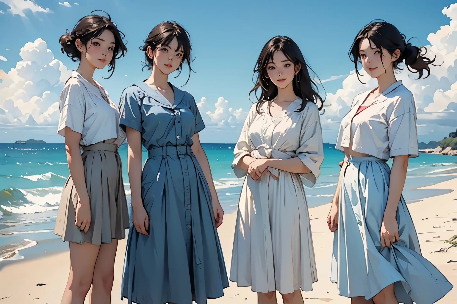 (Perfect Face,Illustration of three women in different clothes)、(Three Girls、For 3 people、natural standing posture)、(Girls in line)、( Half-body illustration)、(Detailed facial depiction、A kind smile)、Short dark brown hair、White Sailor Suit、Navy blue sailor collar、mini skirt、Pleated skirt、shoes、loafers、(Vintage、Classic)、(No logo)、(Watercolor of singer Sargent)、Impressionist style painting、Beautiful blue sky and white cumulonimbus clouds、Beautiful sea、(Front view:1.4)、(masterpiece, Highest quality:1.2),
