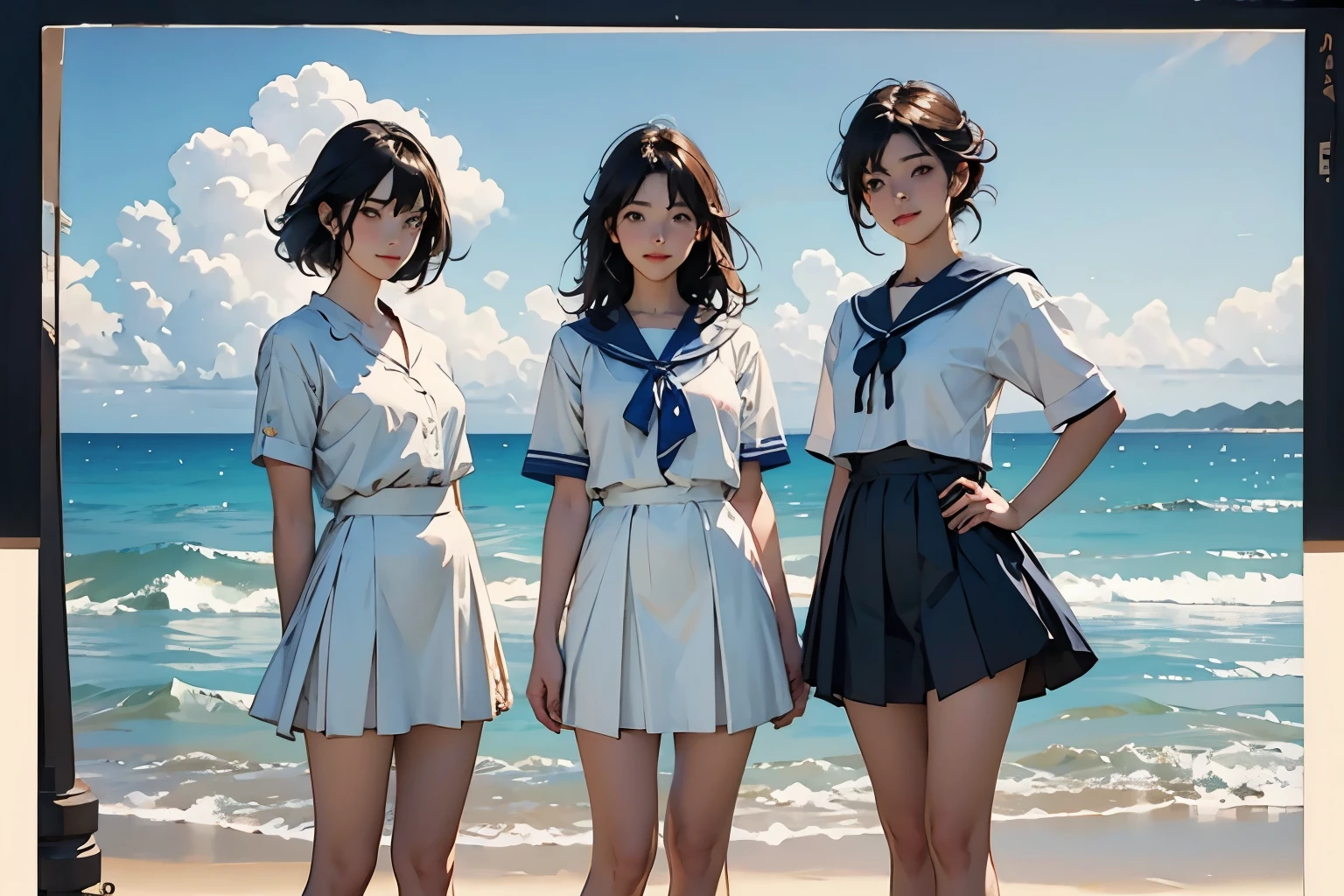 (Perfect Face,Illustration of three women in different clothes)、(Three Girls、For 3 people、natural standing posture)、(Girls in line)、( Half-body illustration)、(Detailed facial depiction、A kind smile)、Short dark brown hair、White Sailor Suit、Navy blue sailor collar、mini skirt、Pleated skirt、shoes、loafers、(Vintage、Classic)、(No logo)、(Watercolor of singer Sargent)、Impressionist style painting、Beautiful blue sky and white cumulonimbus clouds、Beautiful sea、(Front view:1.4)、(masterpiece, Highest quality:1.2),