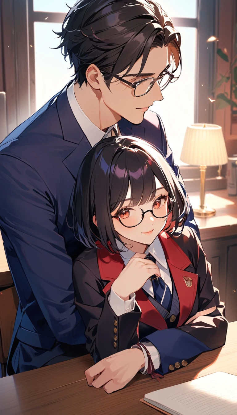 score_9, score_8_up, score_7_up, source_anime, shiny body, ayame_kajou, 1girl, glasses, solo, black hair, braid, long hair, yellow eyes, smile, school uniform, red necktie, blazer, skirt, collar, white shirt, medium breasts, oral sex, fellatio, deepthroat, blowjob, cum on face, saliva, simple back ground
