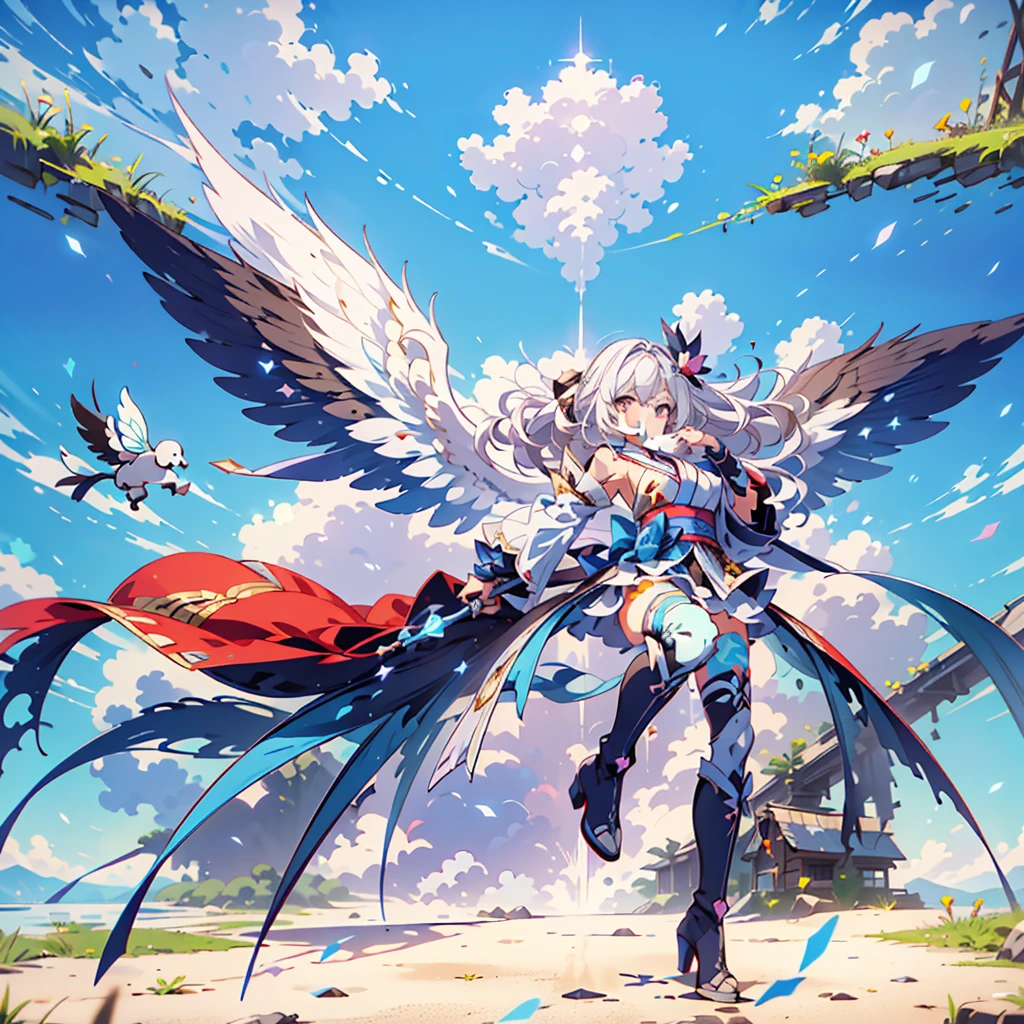 (masterpiece, Highest quality), (perfect athletic body:1.2), (Thin Hair), 非常にdetailedな, Anime Style, whole body, alone,  Gothloli kimono, Fairy Wings,Magical girl、Magic giant wand、  White hair and brown skin, High Boots,Floating in the blue sky, High heel boots, 8K high resolution, White Background, whole body,Super huge、detailed、dynamic、
