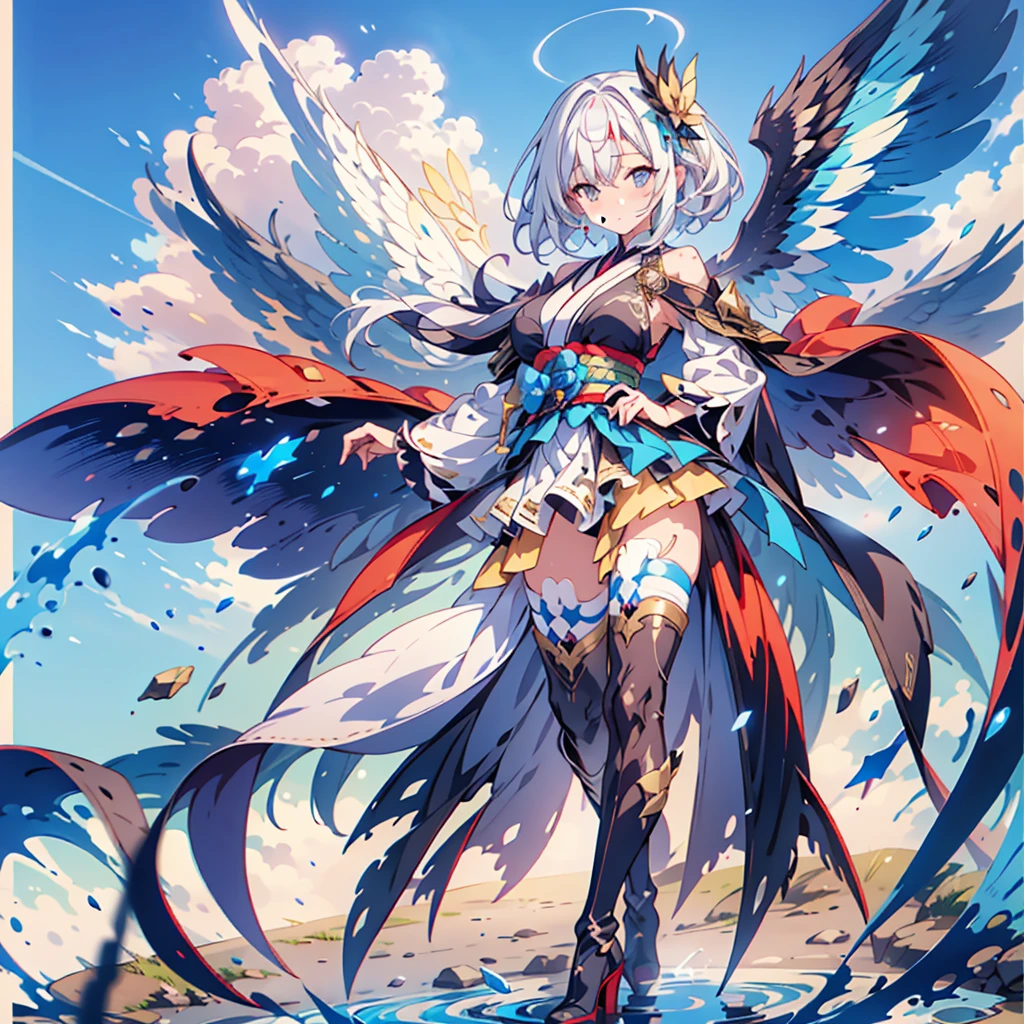 (masterpiece, Highest quality), (perfect athletic body:1.2), (Thin Hair), 非常にdetailedな, Anime Style, whole body, alone, Gothloli kimono, Fairy Wings,Magical girl、Magic giant wand、 White hair and brown skin, High Boots,Floating in the blue sky, High heel boots, 8K high resolution, White Background, whole body,Super huge、detailed、dynamic、