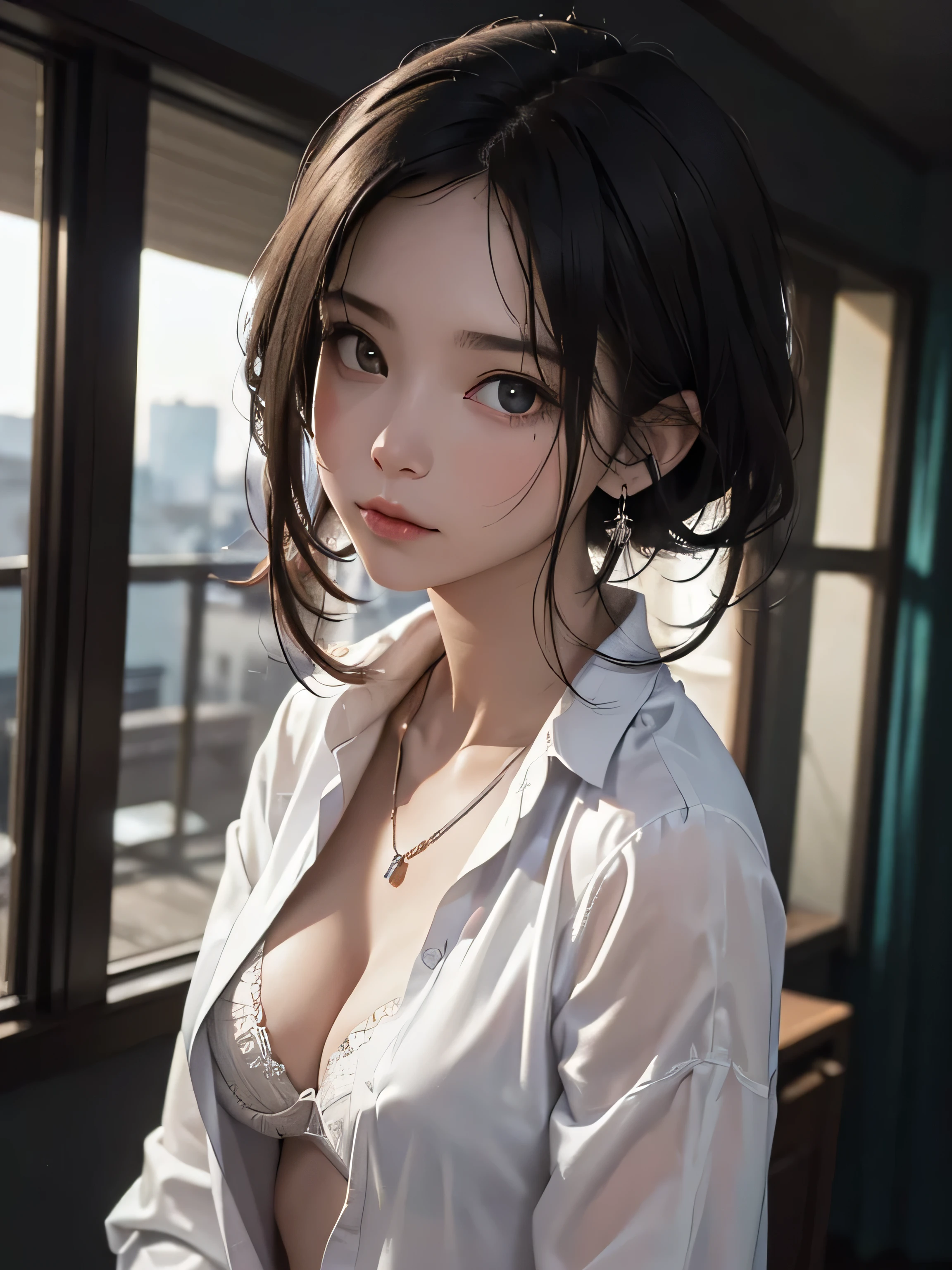 (masterpiece, best quality, 8K, Raw photography, depth of fields,:1.3), official art, (realisitic, Photorealsitic:1.37),
foco nítido, sharp focus, professional lighting,
facing front, Close up face, Looking at Viewer, extremely detailed face, Realistic pupils, white and shining skin,
((cleavage of the breast, Small uddece lights, Sharp Focus:0.9)),
1 girl, Changing clothes, suit, Unbuttoned shirt white shirt, ((black color Bra visible through the gap in the shirt)), messy hair, disheveled clothes, necklace, earrings,
apartment room,