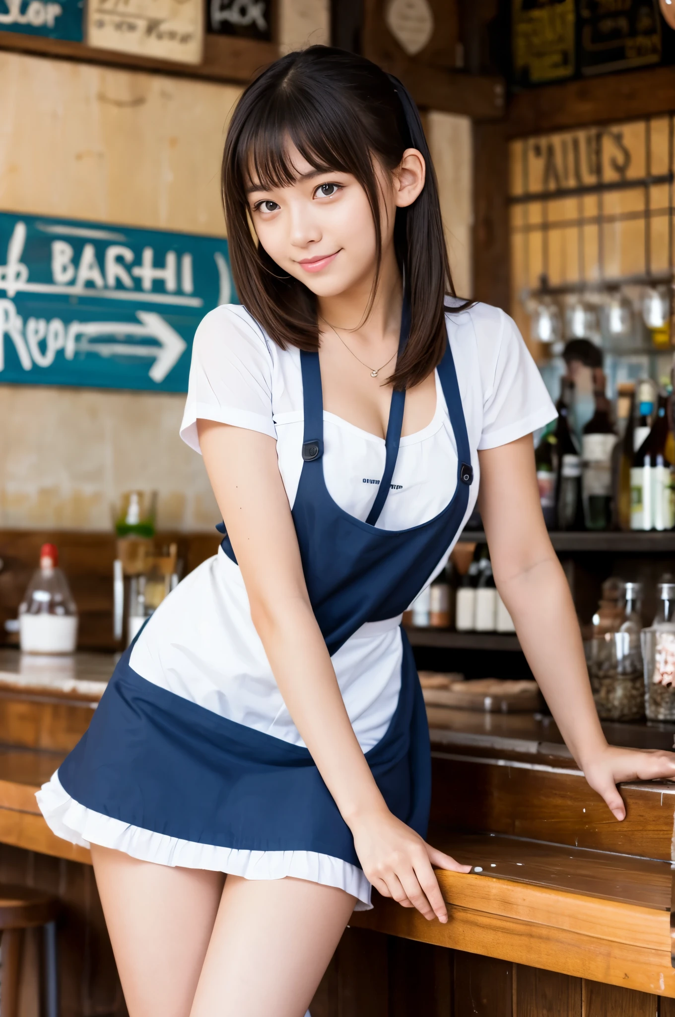 20 years old girl (Japanese cute face) wearing mini skirt and apron at beach house