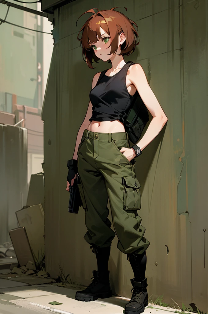 1female, auburn hair, styled in a messy bob, green eyes, focused expression, practical gray tank top, olive green cargo pants, black combat boots, tactical backpack, urban alley background with scattered graffiti and neon lights, detailed face, hands to side, standing on path