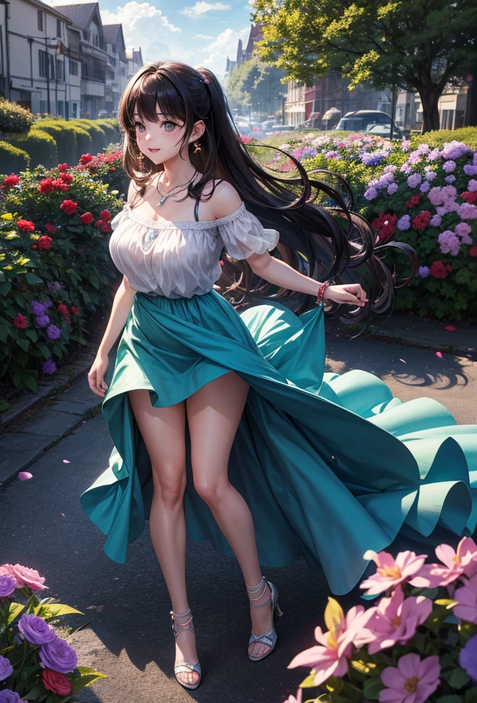 A beautiful girl walking in a garden while contemplating the flowers, anime girl, (20 year old girl:1.3), beautiful garden full of flowers and trees, blue sky with white clouds, butterflies around, cute elegant dress, short sleeves, shows shoulders, heels, jewelry, (earrings, necklace, bracelet), big round breasts, dark brown hair, french braid, long hair, ponytail, wavy hair, swept bangs, shiny hair, hairclip, hair ribbon, aqua eyes, glowing eyes, pupils sparkling, light smile, blush, happy, red lips, detailed face, slim waist, shapely legs, beautiful thighs, perfect body, princess dress, anime CG style, high definition, natural light, high detail, anime, dithering, from behind, three quarter view, image fill, perspective, Wide-Angle, f/1.8, 85mm, Sony FE GM, 8k, 8k wallpaper, super detail, highly detailed CG, UHD, retina, masterpiece, accurate, anatomically correct, textured skin, highres, best quality:1.3, 16k