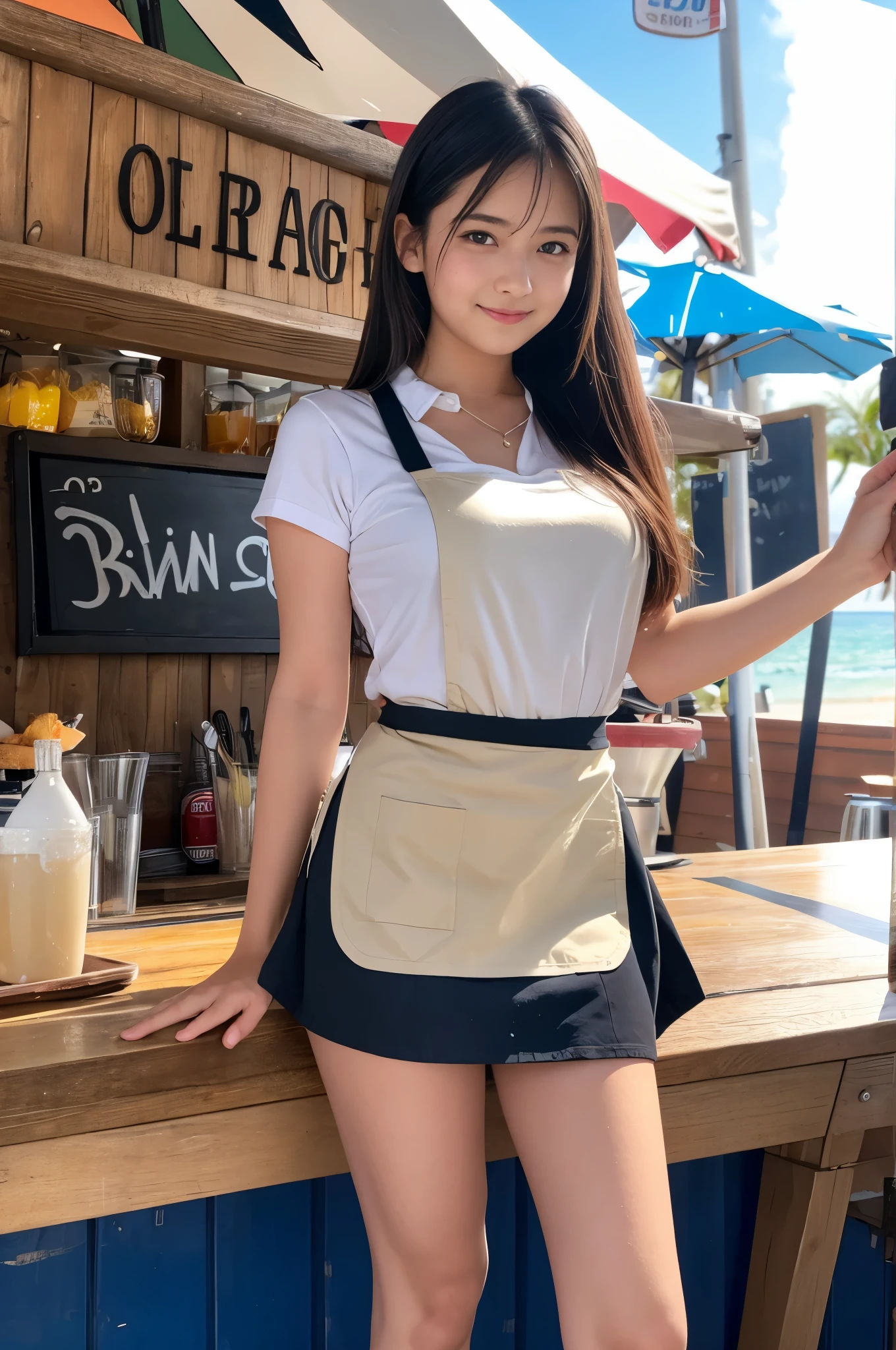 A 20 year old girl working at a beach bar（Short mini skirt and apron）