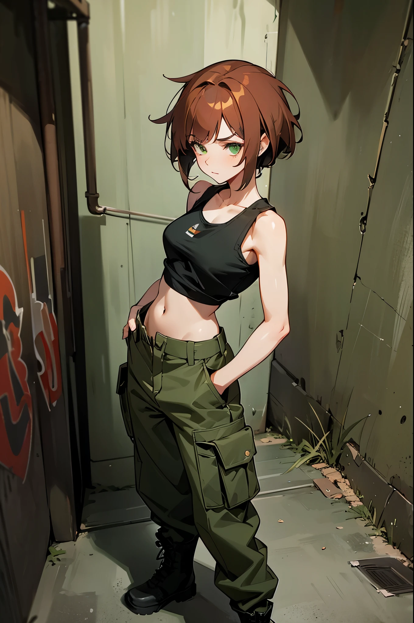 1female, auburn hair, styled in a messy bob, green eyes, focused expression, practical gray tank top, olive green cargo pants, black combat boots, tactical backpack, urban alley background with scattered graffiti and neon lights, detailed face, hands to side, standing on path