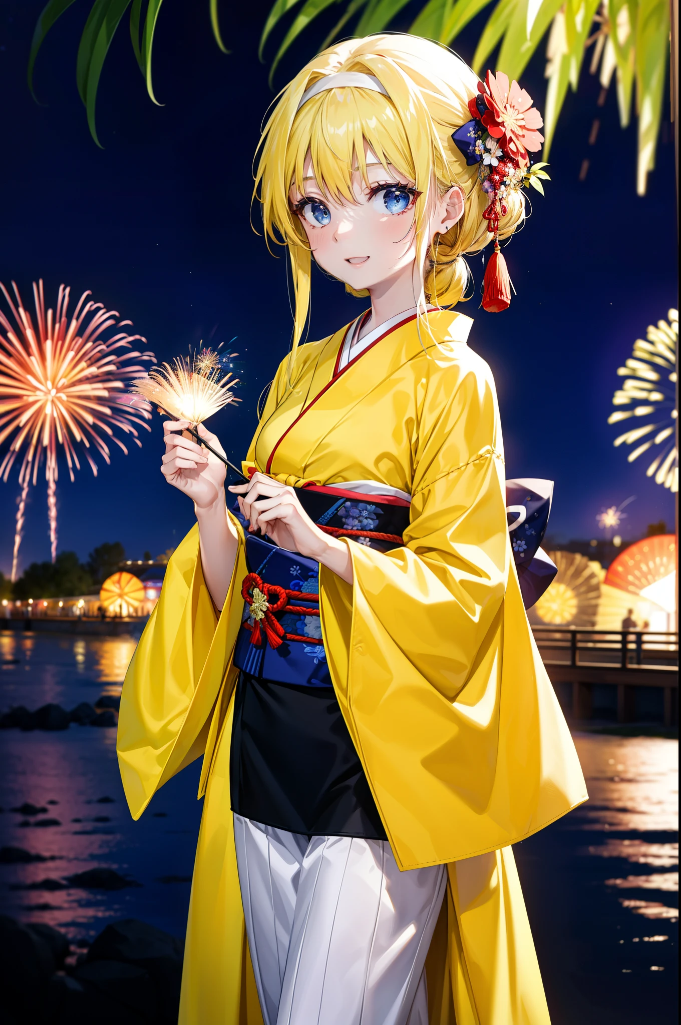Alicesburg, Alice Zuberg, bangs, blue eyes, Blonde, Hair between the eyes, Long Hair,Flower Hair Ornaments,hair tied back, hair band, white hair band,Yellow Kimono,happy smile,smile, Open your mouth,Fireworks in the night sky、Fireworks,The place is a fireworks display,Time is night,sunny day,Japanese Festivals,Summer festival food stalls,Red lantern,whole bodyがイラストに入るように
break outside, shrine,
break looking at viewer, whole body,(Cowboy Shot:1.5),
break (masterpiece:1.2), Highest quality, High resolution, unity 8k wallpaper, (figure:0.8), (Beautiful attention to detail:1.6), Highly detailed face, Perfect lighting, Highly detailed CG, (Perfect hands, Perfect Anatomy),