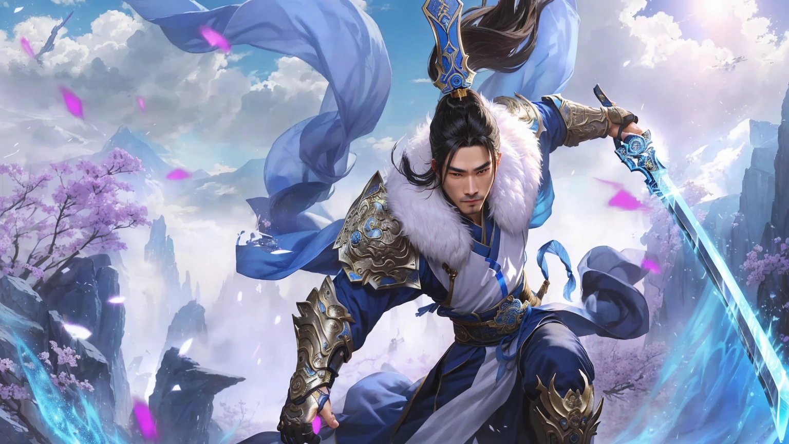 A person wearing blue clothing、Man holding a big knife,Background with sparks heise jinyao, zhao yun, xianxia hero, Inspired by Huang Shen, author：Yang J, G Liulian art style, Inspired by Li Kan, inspired by Guan Daosheng, Inspired by Shen Zhou, Yang Qi, Ruan Jia and Artgerm