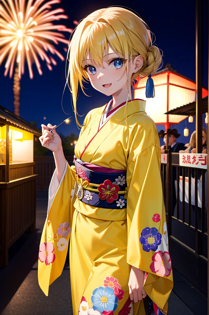 Alicesburg, Alice Zuberg, bangs, blue eyes, Blonde, Hair between the eyes, Long Hair,Flower Hair Ornaments,hair tied back, hair band, white hair band,Yellow Kimono,happy smile,smile, Open your mouth,Fireworks in the night sky、Fireworks,The place is a fireworks display,Time is night,sunny day,Japanese Festivals,Summer festival food stalls,Red lantern,whole bodyがイラストに入るように
break outside, shrine,
break looking at viewer, whole body,(Cowboy Shot:1.5),
break (masterpiece:1.2), Highest quality, High resolution, unity 8k wallpaper, (figure:0.8), (Beautiful attention to detail:1.6), Highly detailed face, Perfect lighting, Highly detailed CG, (Perfect hands, Perfect Anatomy),