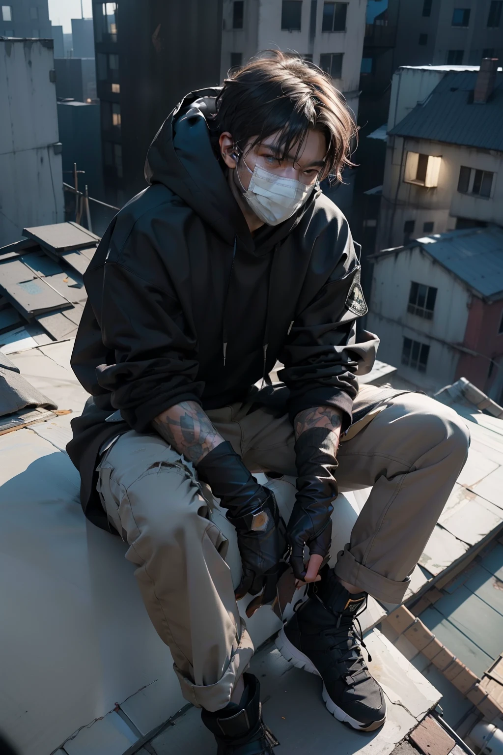 The sniper (movie character), 1man(waering black hoody suite and masker), male focus, solo, glowing, looking at the target, fingerless gloves, on the rooftop holding a sniper riffles, standby to shoots