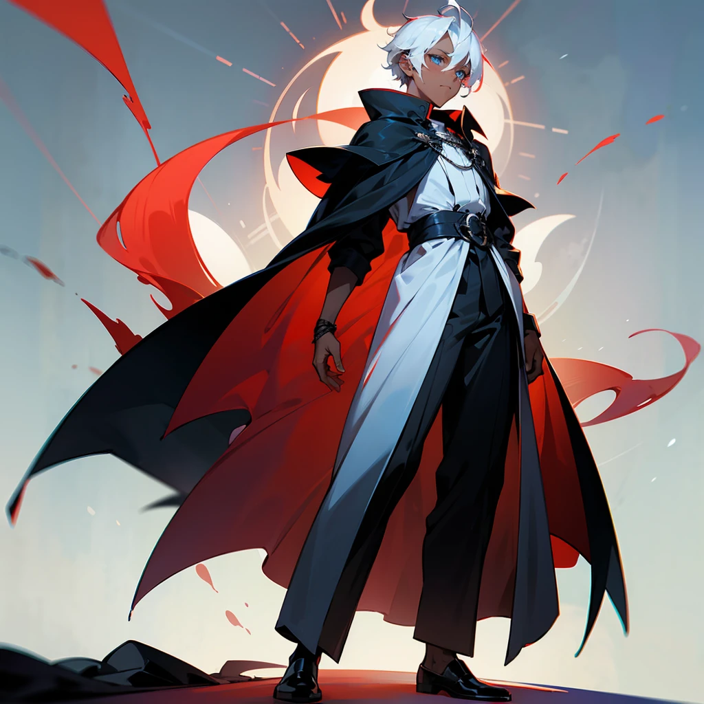 1male, Modern Undercut Hair ,Young Male, Curly White Hair , Pale Blue Eyes , Dark Skin , Black Cloak , Red Swirl Designs on the sleeve , Calm Expression , Standing on path