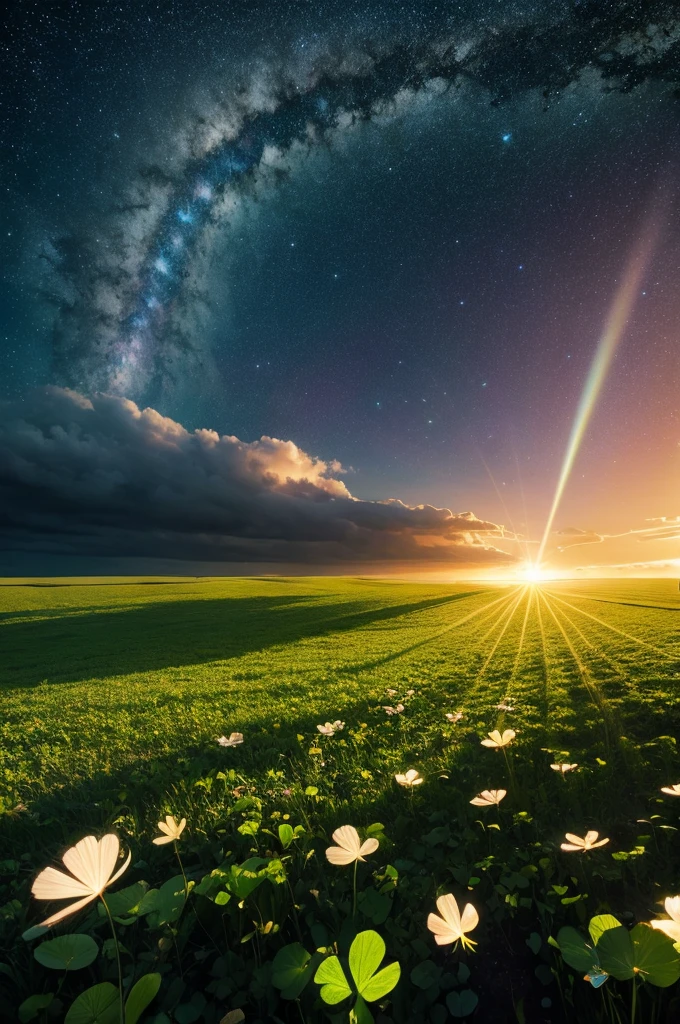 spiritual、High resolution、masterpiece、four Leaf Clover、wasteland、mysterious、Light spreading across space