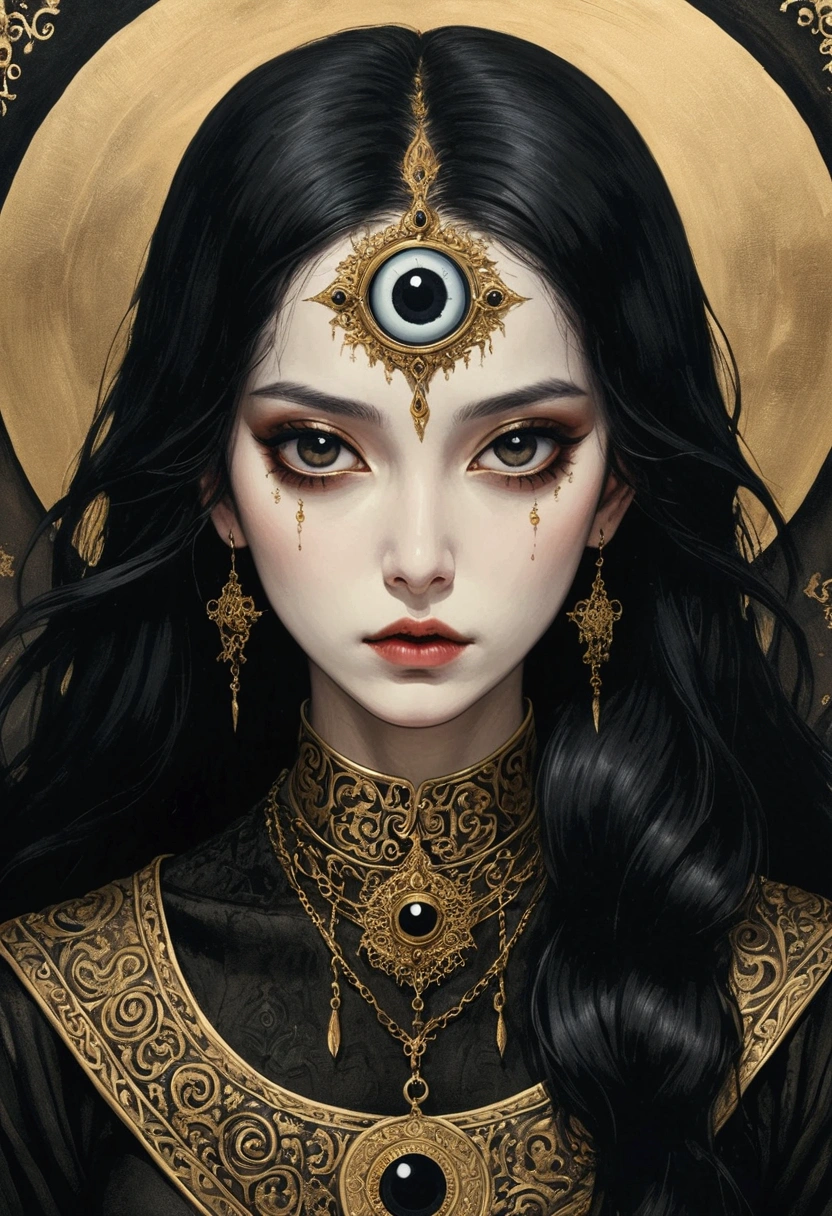 Medieval ink painting,Third Eye Vision。3d,Black long hair,Dark eyeshadow,whole body,Wide Angle,black and gold