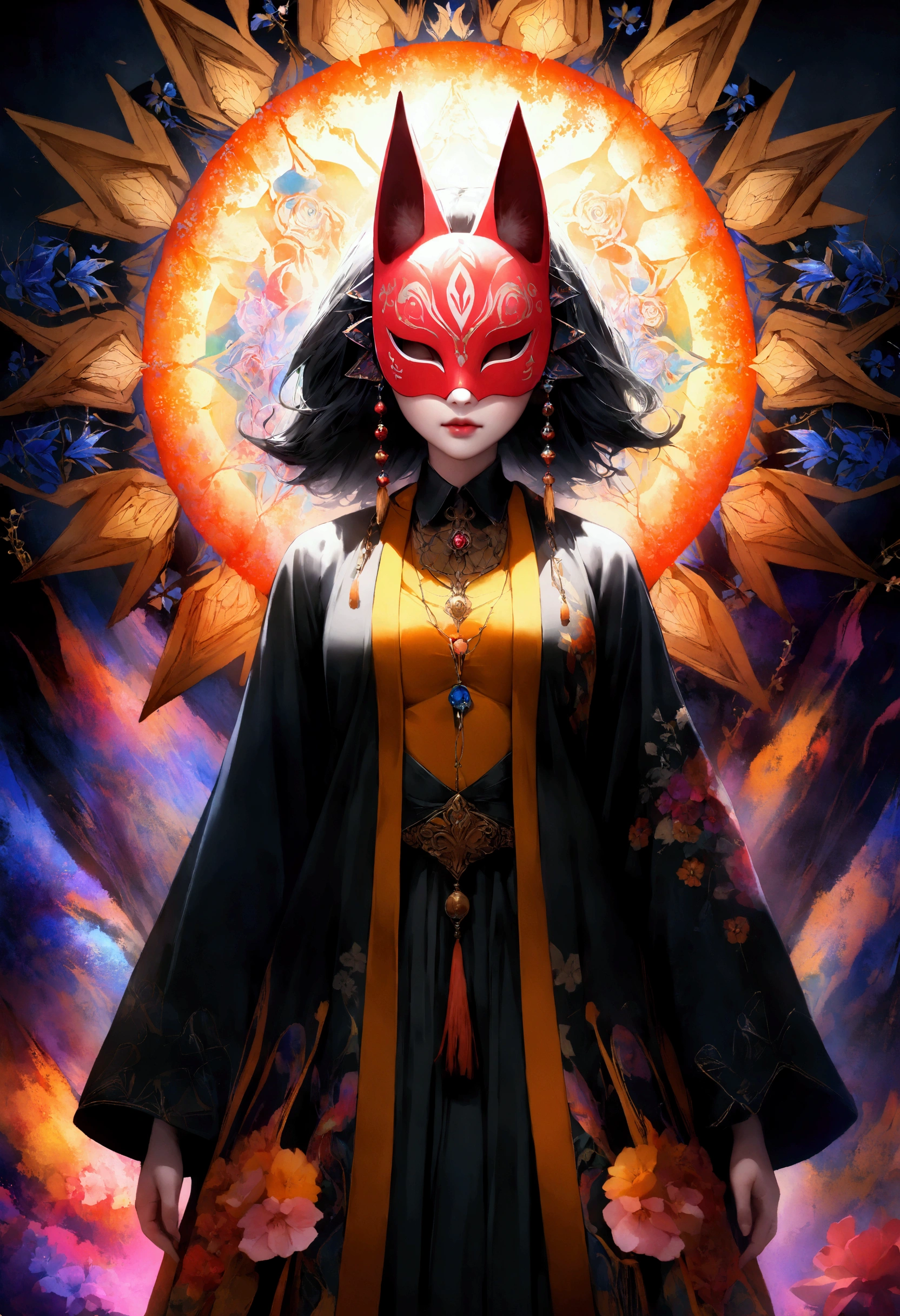 1 girl, alone, official art, unity 8k wallpaper, very detailed, beautiful and aesthetic, masterpiece, best quality, realistic, (abstract background:1.5) (ztangle, mandala, tangled, tangle:0.7) kitsune witch, kitsune mask, haori jacket, foxfire spell, fox is familiar, transformation, depth of field, fantastic atmosphere, The most beautiful form of chaos, elegant, Dark theme with Fauvist design, flower of death, Ecstasy of flowers,