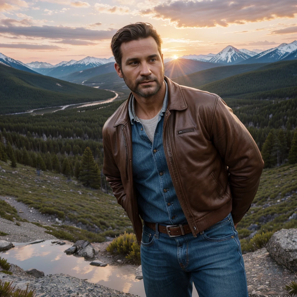 ((masterpiece, high quality, best quality)), (sharp lines:1.2)(clear line:1.2),Realistic, Hyperrealism, lifelike realistic photography, , Portrait shot, Realistic, Hyperrealism, Extremely Detailed Face And skin, Handsome mountain climber man with leather jacket, blue jeans, high boots, rocky mountains, amazing view, woods, springs, sunset, pink clouds, short cut hair, 40 years old.