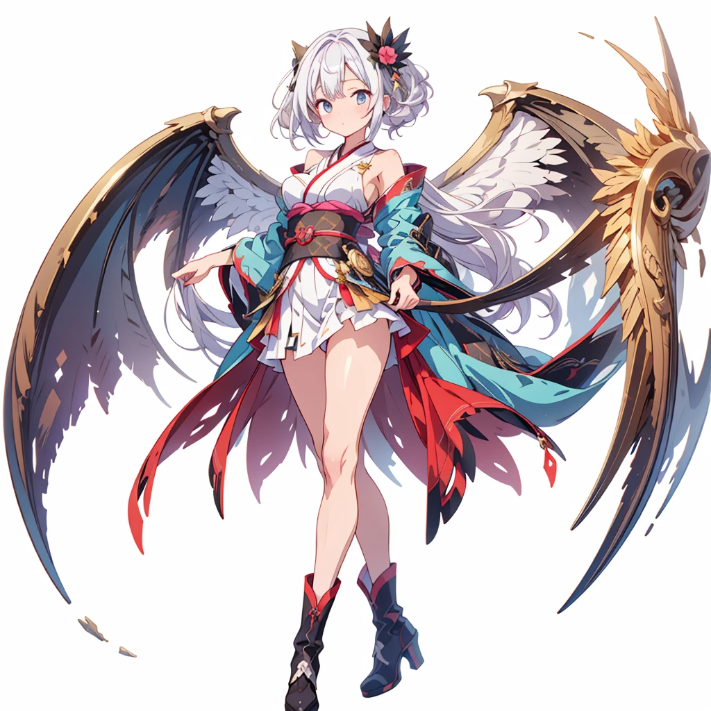 (masterpiece, Highest quality), (perfect athletic body:1.2), (Thin Hair), 非常にdetailedな, Anime Style, whole body, alone,  Gothloli kimono, Fairy Wings,Magical girl、Magic giant wand、  White hair and brown skin, High Boots,Floating in the blue sky, High heel boots, 8K high resolution, White Background, whole body,Super huge、detailed、dynamic、