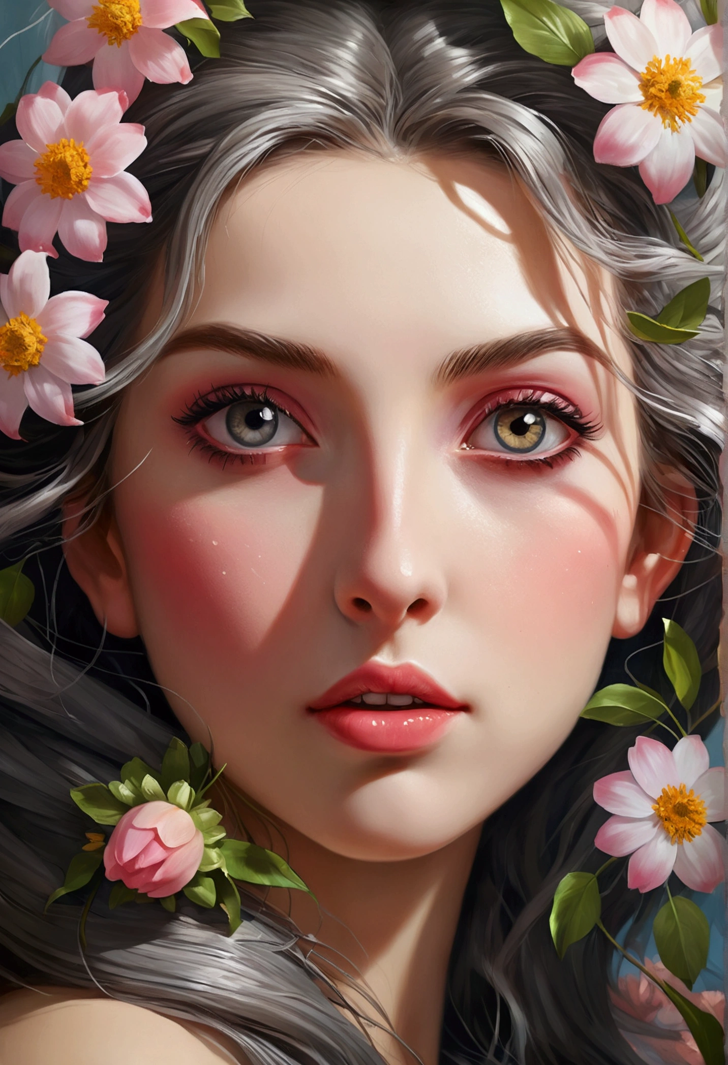 (best quality, 4K, 8ก, height, Masterpiece:1.2), Very detailed, (realistic, photorealistic, photo-realistic:1.37), (Crazy level of detail:1.5), (blooming:1.5), (lonely), gray eyes, (painting:1.1), (digital painting:1.1), Detailed faces and eyes, Masterpiece, Highest quality, Highly detailed photos:1, 8ก, It blends seamlessly into its surroundings., bright colors, Sharp focus, complicated students, (Create the illusion of depth), (brush strokes:1.1), (Flawless execution:1.1), (Masterpiece-quality), ethereal light, (delicate shading:1.1), Surreal atmosphere, (dreamlike).