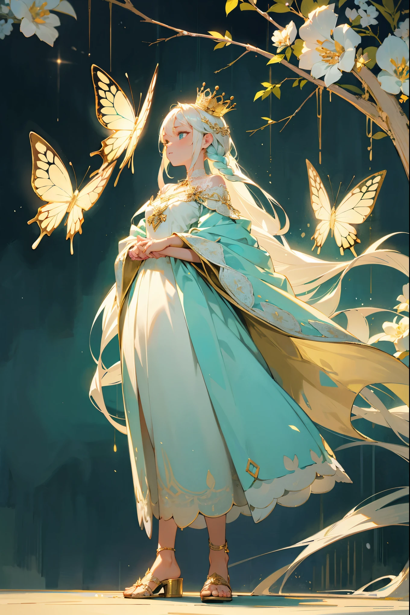 1female, platinum blonde hair, braided into a crown, turquoise eyes, serene expression, flowing white dress with intricate lace details, gold sandals, delicate butterfly pendant, ethereal garden background with glowing flowers and twinkling lights, detailed face, hands to side, standing on path