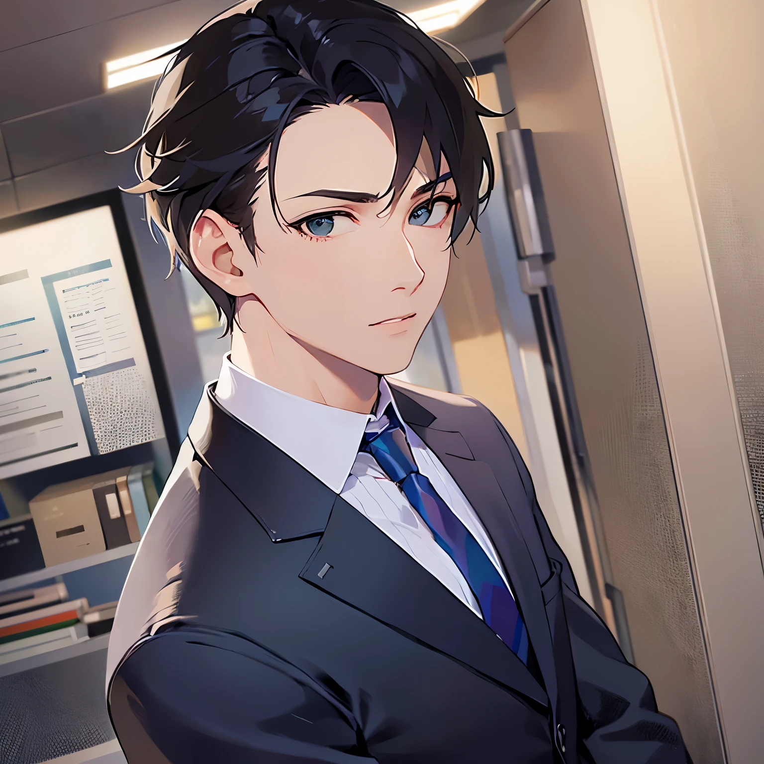 side angle, upper body、shiny skin, masterpiece、Highest quality、(25-year-old male:1.5) and (Brown short hair) and (Green Eyes), (Wearing a suit:1.3) and (Blue tie)、Are standing、Serious expression、The background is the office interior.、(Alone:1.5)、