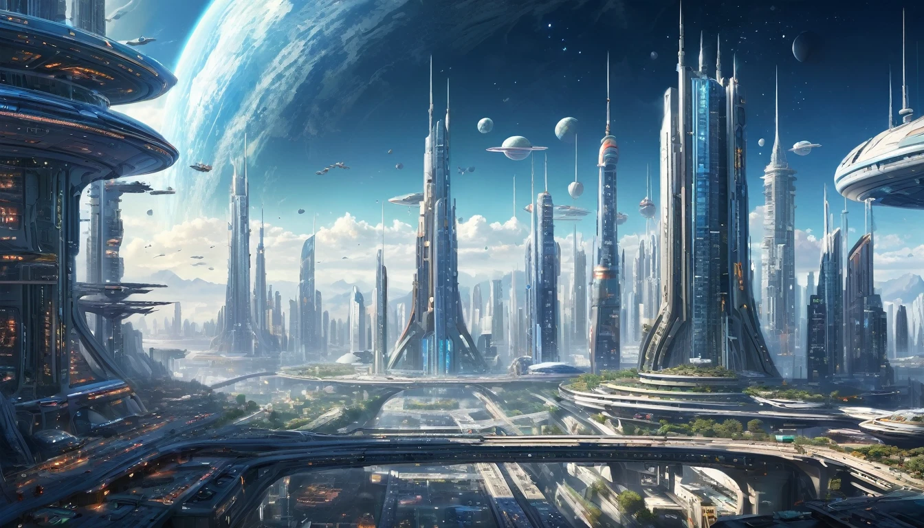 (masterpiece:1.3), (8K, Reality, Best image quality: 1.4),best quality, number, illustration, Anime style background, landscape,futuristic city、Floating in the universe、Rows of skyscrapers、space station、Attractions,Top quality、Planet Earth、Sci-fi world、beautiful city、Space City、A world far beyond what humans have created, 8k,A lot of sci-fi architecture