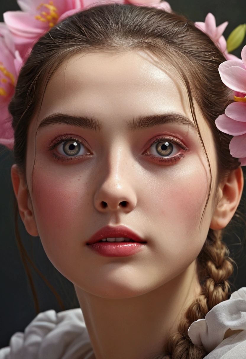 (best quality, 4K, 8ก, height, Masterpiece:1.2), Very detailed, (realistic, photorealistic, photo-realistic:1.37), (Crazy level of detail:1.5), (blooming:1.5), (lonely), gray eyes, (painting:1.1), (digital painting:1.1), Detailed faces and eyes, Masterpiece, Highest quality, Highly detailed photos:1, 8ก, It blends seamlessly into its surroundings., bright colors, Sharp focus,  complicated students, (Create the illusion of depth), (brush strokes:1.1), (Flawless execution:1.1), (Masterpiece-quality), ethereal light, (delicate shading:1.1), Surreal atmosphere, (dreamlike).