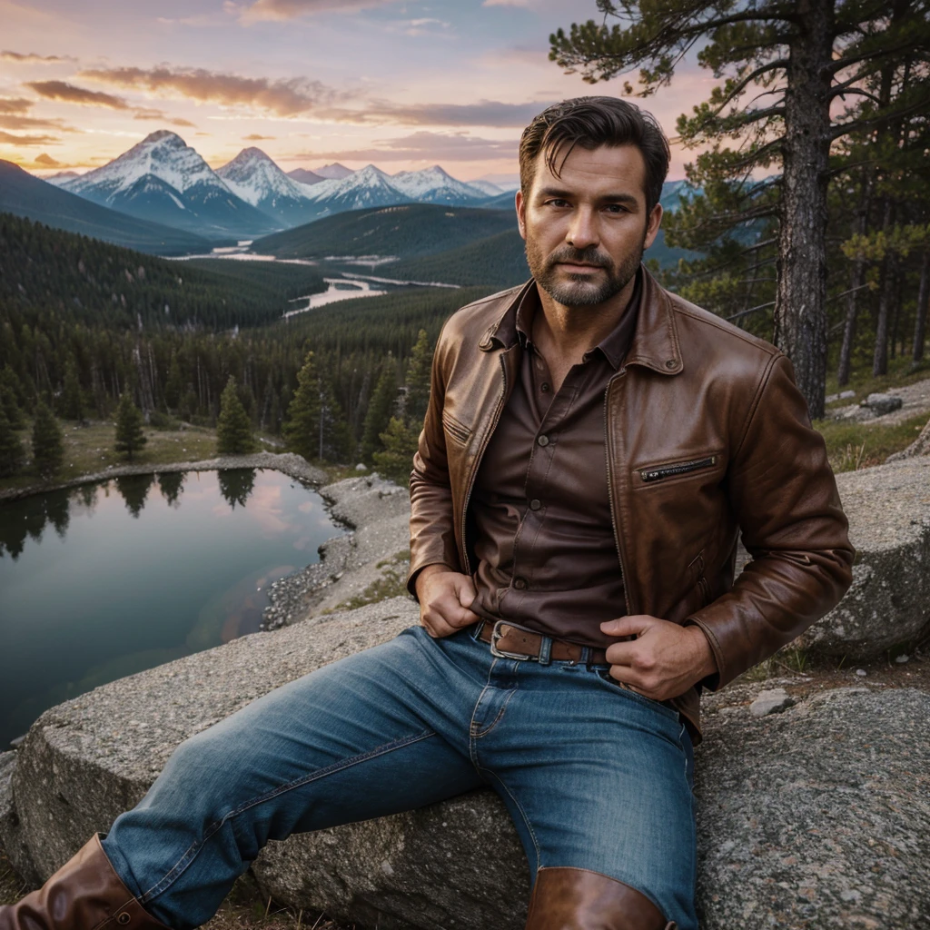 ((masterpiece, high quality, best quality)), (sharp lines:1.2)(clear line:1.2),Realistic, Hyperrealism, lifelike realistic photography, , Portrait shot, Realistic, Hyperrealism, Extremely Detailed Face And skin, Handsome mountain climber man with leather jacket, blue jeans, high boots, rocky mountains, amazing view, woods, springs, sunset, pink clouds, short cut hair, 40 years old.
