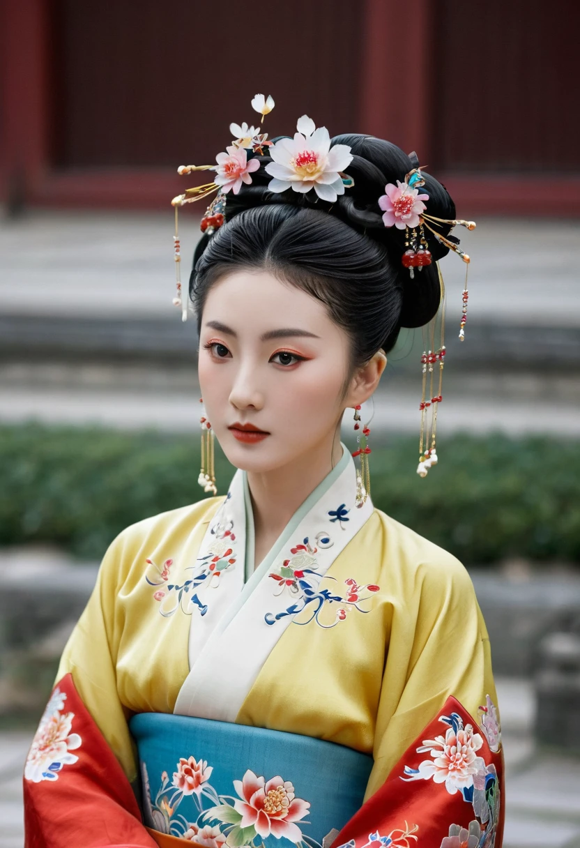 The figure seen from the front with the palace's stone tatami mats in the background.
In the garden of a Qing Dynasty Chinese palace, the Empress is wearing a Manchu garment with a red floral pattern, with the Manchu garment open all the way down the front, and her large breasts are showing.
Her large breasts are exposed.
Her hairy cunt hair was also displayed.
Her hair is adorned with a Chinese empress's crown and flowers, and her head is adorned with large flowers, her hair is tied up and pulled back,