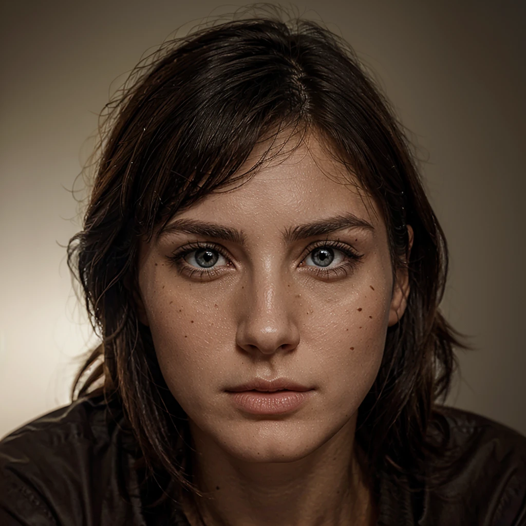 Woman, with light brown hair, with a worried look, with a mole on her cheek, wearding a shirt, dark, mystery, darkness, unsettling,