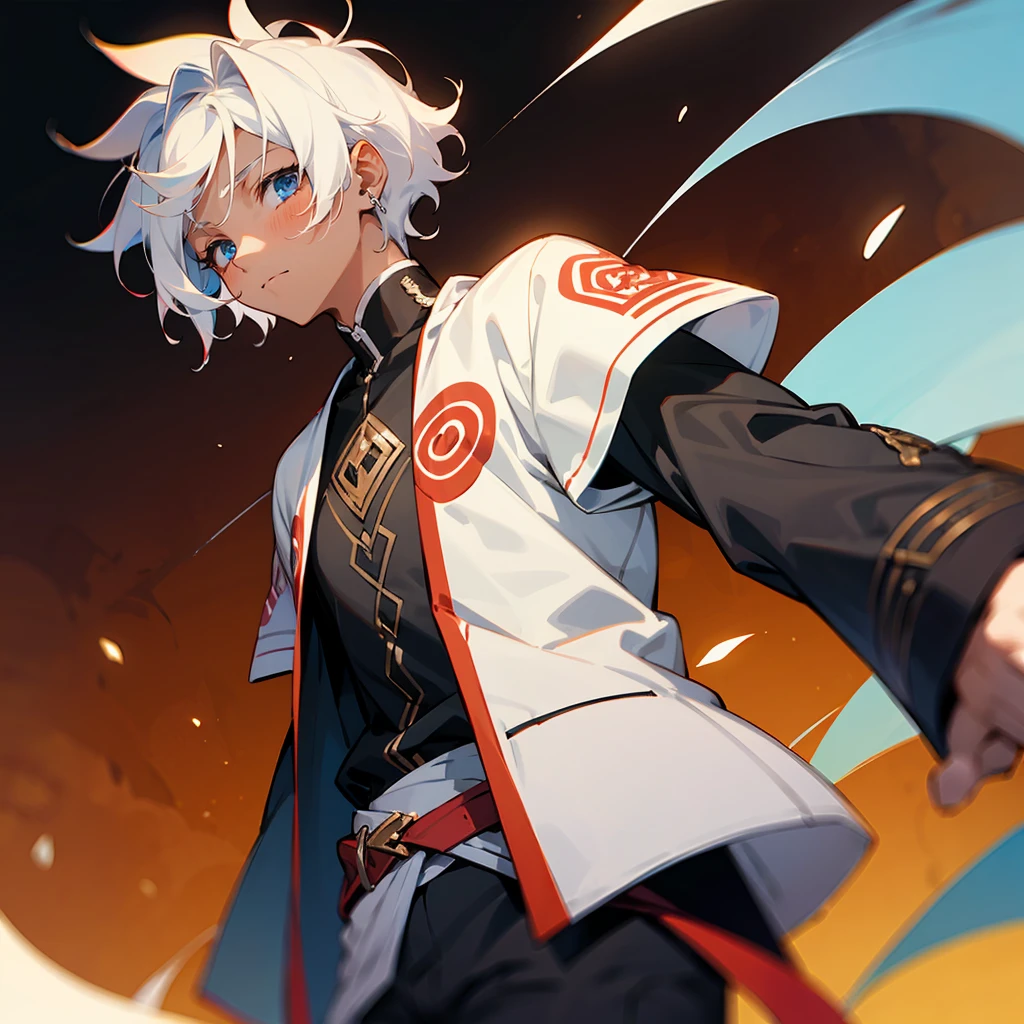 1male, Modern Undercut Hair ,Young Male, Curly White Hair , Pale Blue Eyes , Dark Skin , Black Yukata with Red Swirl Designs on the sleeve , Calm Expression , Standing on path