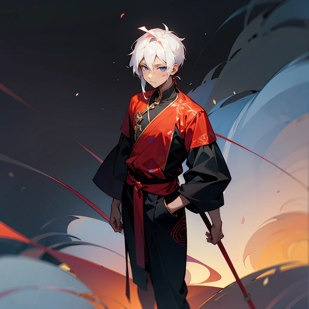 1male, Modern Undercut Hair ,Young Male, Curly White Hair , Pale Blue Eyes , Dark Skin , Black Yukata with Red Swirl Designs on the sleeve , Calm Expression , Standing on path