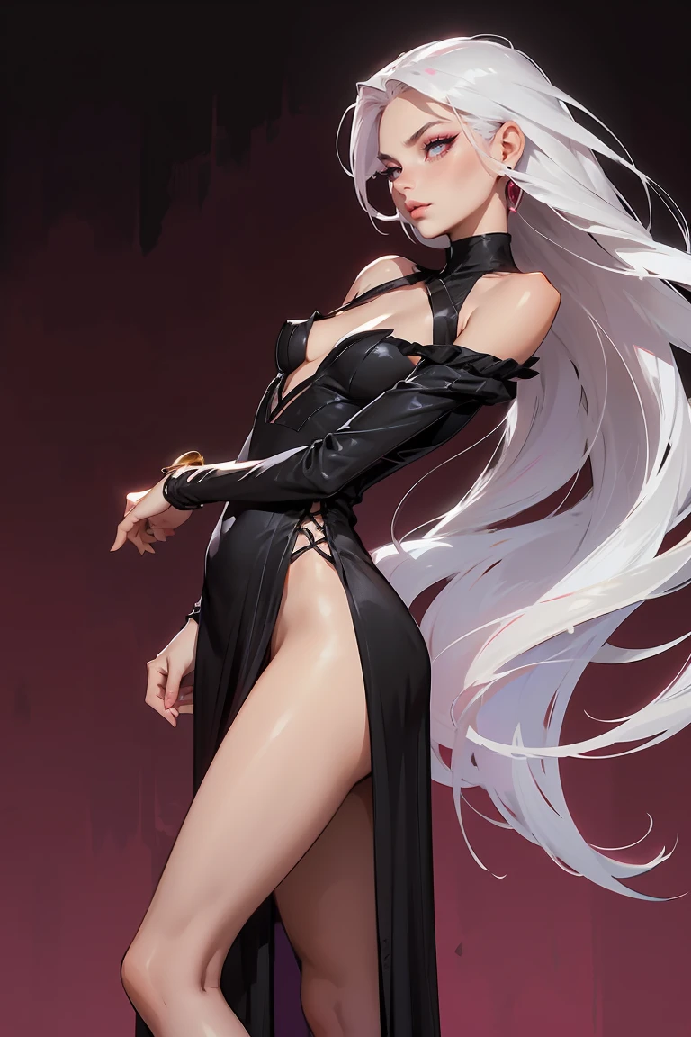 Goddess ((goddess-like woman)), slim, elegant silhouette, masterpiece, (close angle), best quality, pale skin, fair skin, sweet face, (masterpiece: 1.2, best quality), (real image, intricate details), (1 lady, solo, medium tits, small waist, ), ((Jinx/LOL)), beautiful face, kissable lips, very long white hair, slicked back hair, (very long white hair), white hair , VERY LONG HAIR , (very long white hair), perfect makeup, realistic face, detailed red pink eyes, (red pink eyes) bright red pink eyes, very long hair, eyelashes, mouth slightly open, she has an impressive presence, gold bracelet, gold hoop earrings, withe jewelry , beautiful face, beautiful eyes, she is wearing a black Mesh Corset Velvet Dress and black over-the-knee boots, Mesh Corset Velvet Dress, long sleeves, dress, standing, full body, long dress, maroon dress, velvet dress, see-through sleeves, Black over-the-knee boots, sweet irresistible smile, elegant pose, elegant hands, beautiful hands, perfect fingers, background: old town, medieval city, stone houses market place, old stores