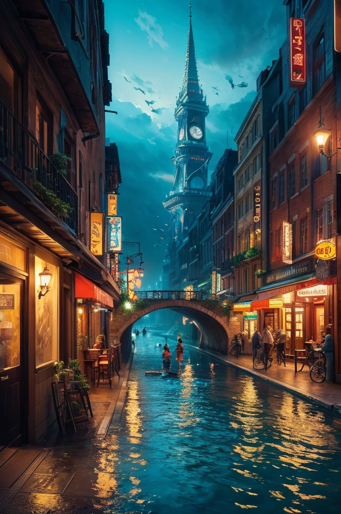 (masterpiece, Highest quality:1.2), Super detailed, Cinema Lighting, High resolution, An illustration, landscape,(In the water),In the water city,City Street , impressive, Chill, moving