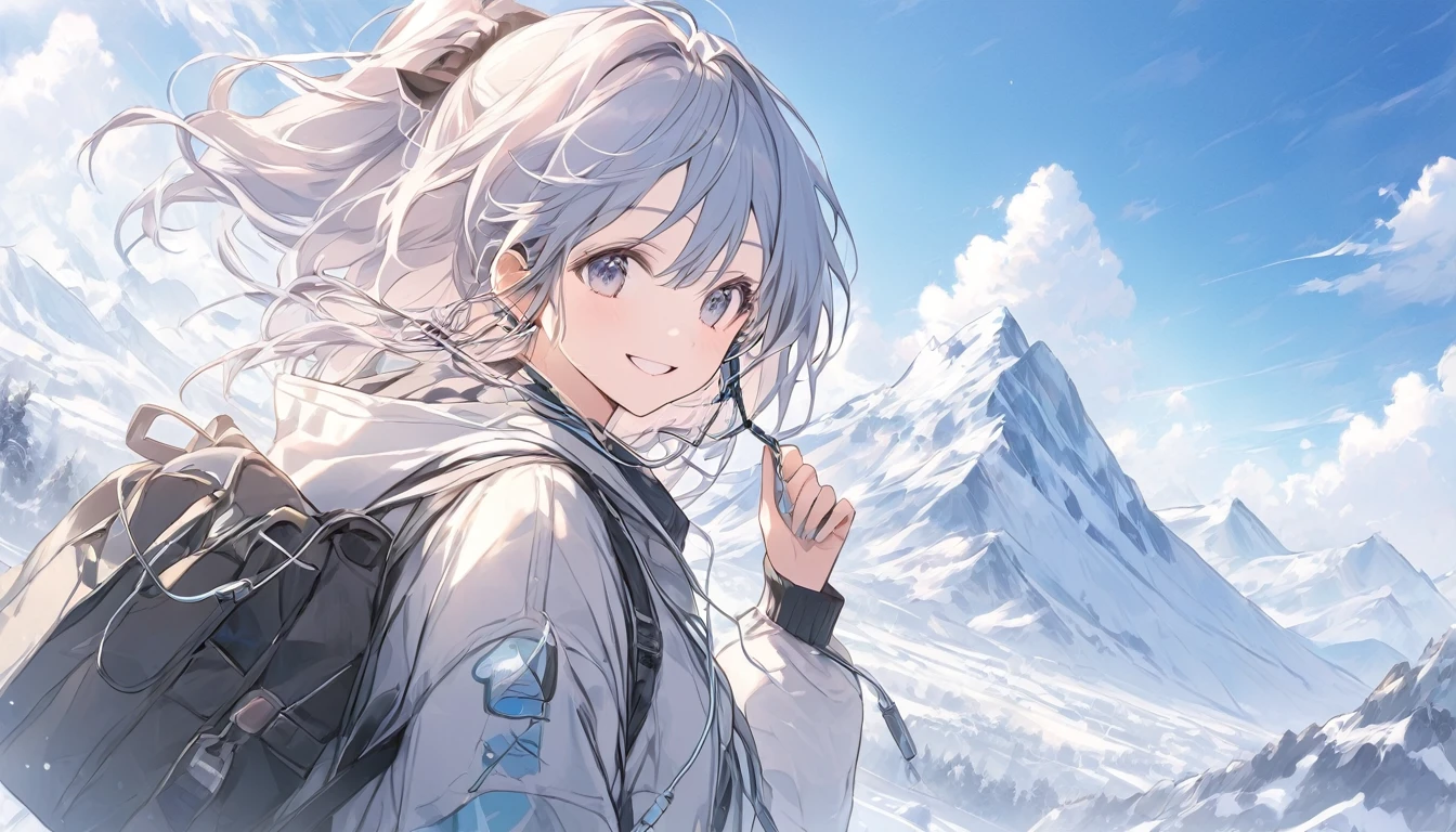 Listening to music with earphones、Smiling woman、Beautiful mountains seen from the plateau、