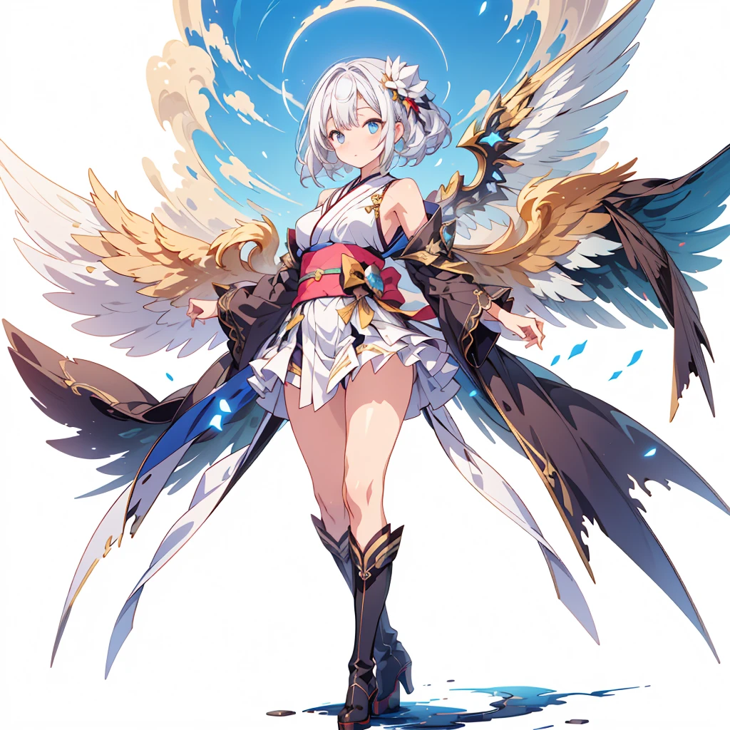 (masterpiece, Highest quality), (perfect athletic body:1.2), (Thin Hair), 非常にdetailedな, Anime Style, whole body, alone, Gothloli kimono, Fairy Wings,Magical girl、Magic giant wand、 White hair and brown skin, High Boots,Floating in the blue sky, High heel boots, 8K high resolution, White Background, whole body,Super huge、detailed、dynamic、