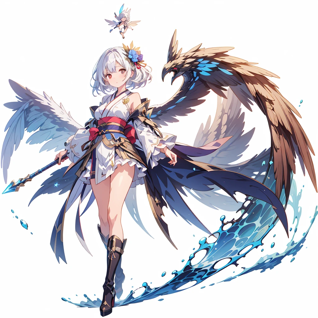 (masterpiece, Highest quality), (perfect athletic body:1.2), (Thin Hair), 非常にdetailedな, Anime Style, whole body, alone,  Gothloli kimono, Fairy Wings,Magical girl、Magic giant wand、  White hair and brown skin, High Boots,Floating in the blue sky, High heel boots, 8K high resolution, White Background, whole body,Super huge、detailed、dynamic、