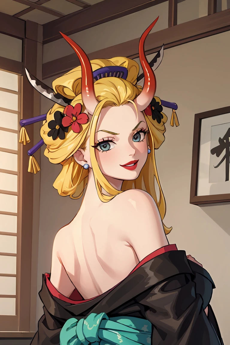 (masterpiece, best quality:1.2), solo, 1girl, blackmaria, lipstick, smile, looking back, hair stick, hair flower, horns, v-shaped eyebrows, japanese clothes, black kimono, off shoulder, earrings, bare shoulders , room,