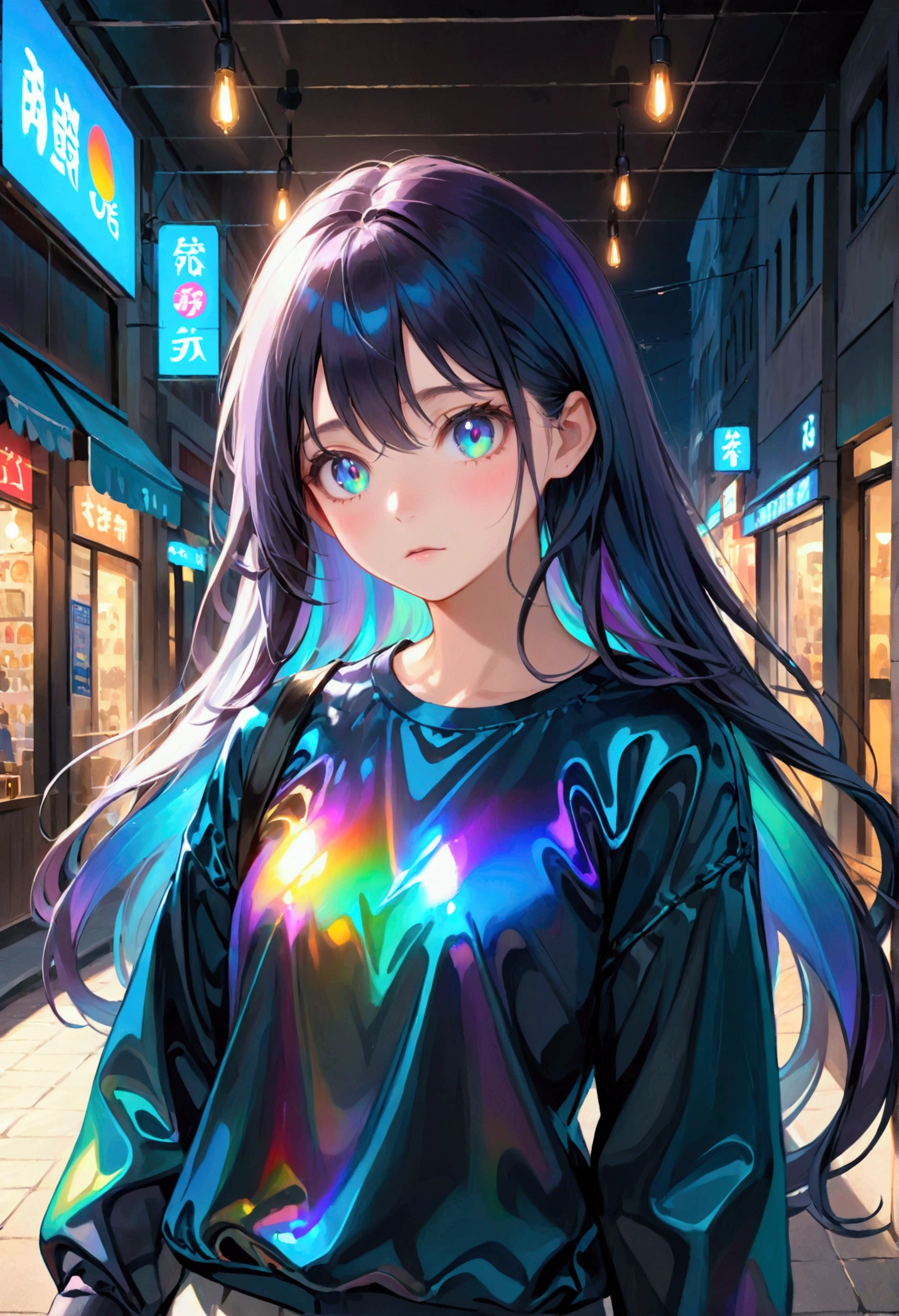 Long dark iridescent hair, expressive iridescent eyes, casual clothes,8k, best quality, high resolution.
