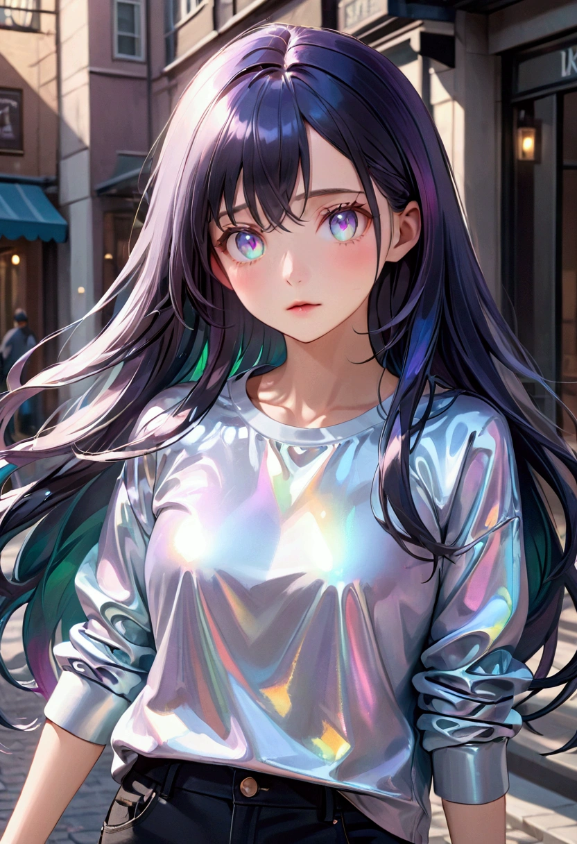 Long dark iridescent hair, expressive iridescent eyes, casual clothes,8k, best quality, high resolution.