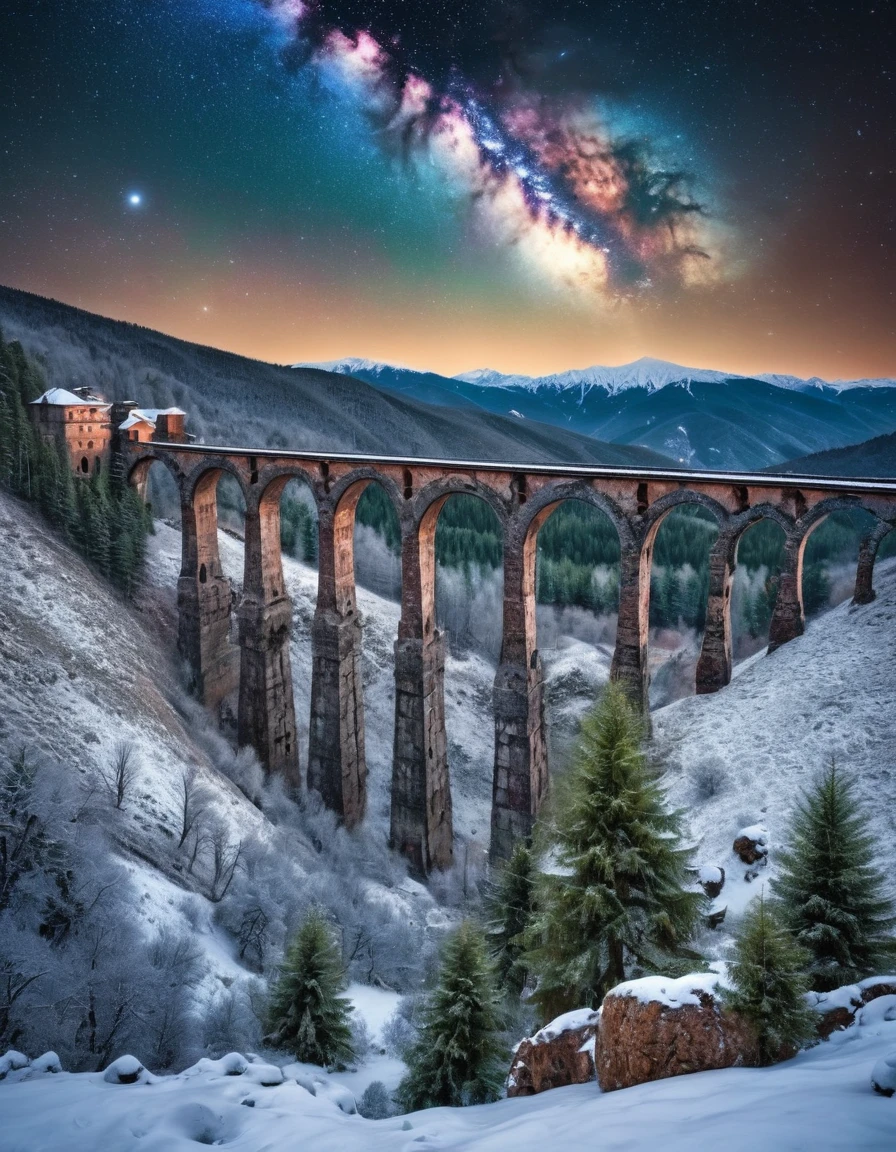 over a snowy mountain landscape on a flying rock the ruins of a destroyed brick elegant viaduct night space milky way coniferous trees many small details gothic filigree colorful gloomy professional photo HDR hyper detail realistic CGI high resolution quality precision clarity sharpness natural f/16 1/250s also 100mm 64К