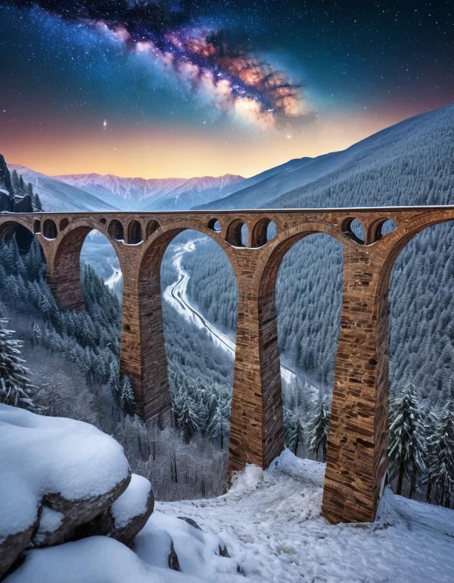 over a snowy mountain landscape on a flying rock the ruins of a destroyed brick elegant viaduct night space milky way coniferous trees many small details gothic filigree colorful gloomy professional photo HDR hyper detail realistic CGI high resolution quality precision clarity sharpness natural f/16 1/250s also 100mm 64К