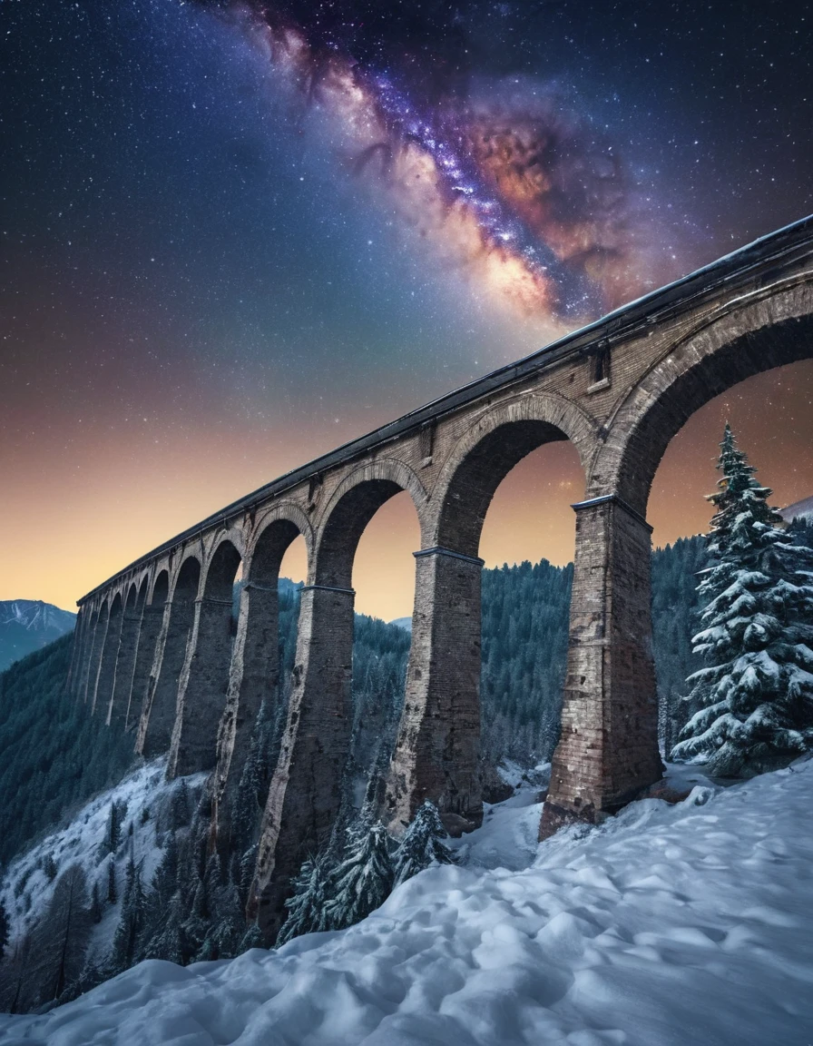 over a snowy mountain landscape on a flying rock the ruins of a destroyed brick elegant viaduct night space milky way coniferous trees many small details gothic filigree colorful gloomy professional photo HDR hyper detail realistic CGI high resolution quality precision clarity sharpness natural f/16 1/250s also 100mm 64К
