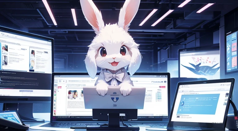 Creating a website with WordPress. Energetic, smiling, cute. A rabbit is operating a computer A bright computer room illustration