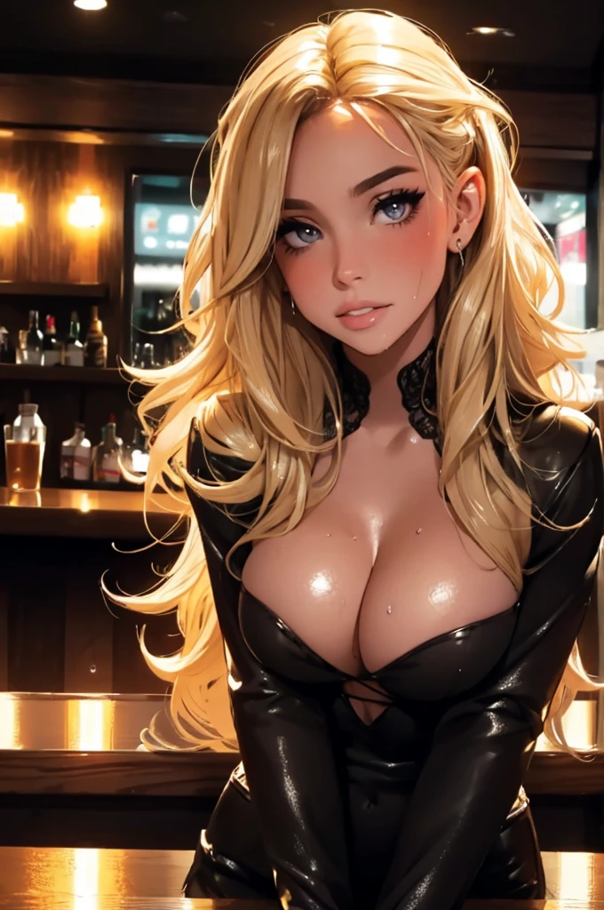 girl at a nightclub sitting at bar, eyeliner (masterpiece) (best quality) (detailed) (8k) (HDR) (wallpaper) (cinematic lighting) (sharp focus) (intricate) wavy blonde hair, biting lip, medium hair, slutty outfit, sexy, blush, aroused, cleavage, shiny , wet skin, girl, dark makeup, acting flirty, tucking hair behind ear