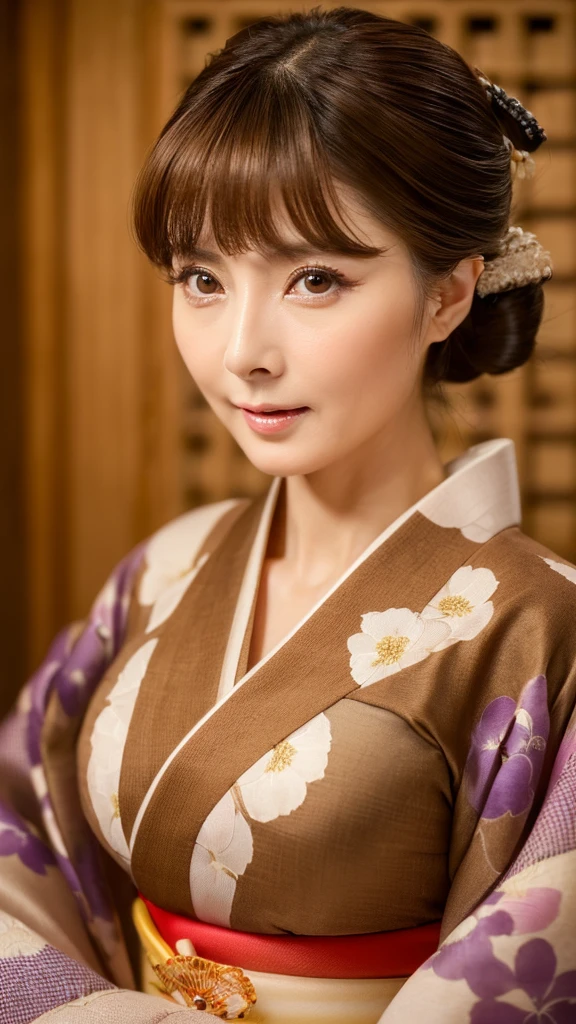 (a beauty lady, delicate lady:1.3), (50 years old), (Japanese traditional kimono, brown color:1.3), very fine eye definition, (symmetrical eyes:1.3), (Japanese traditional room), small breasts, brown eyes, parted bangs, brown hair, (eyes and faces with detailed:1.0), (masterpiece, best quality, ultra detailed, detailed face, 8k)