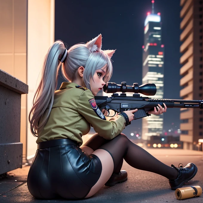 Chibi Character, A gun pointed at the viewer, Aiming at your audience with a riflescope, A silver-haired girl with cat ears wearing a military uniform, ponytail, mini skirt, See-through tights, Combat Boots, Open chest, Prone precision shooting, High-performance sniper rifle, Prone front, Accurate prone shooting, A gun pointed at the viewer口, Point the muzzle at us, High-performance sniper rifle aimed at viewers, A shot taken from behind to highlight the attractiveness of her breasts, Shoot the viewer with a gun, An extreme view of the inside of the gun barrel, Skyscraper rooftop, A quiet night full of tension, Night city background, moonlight