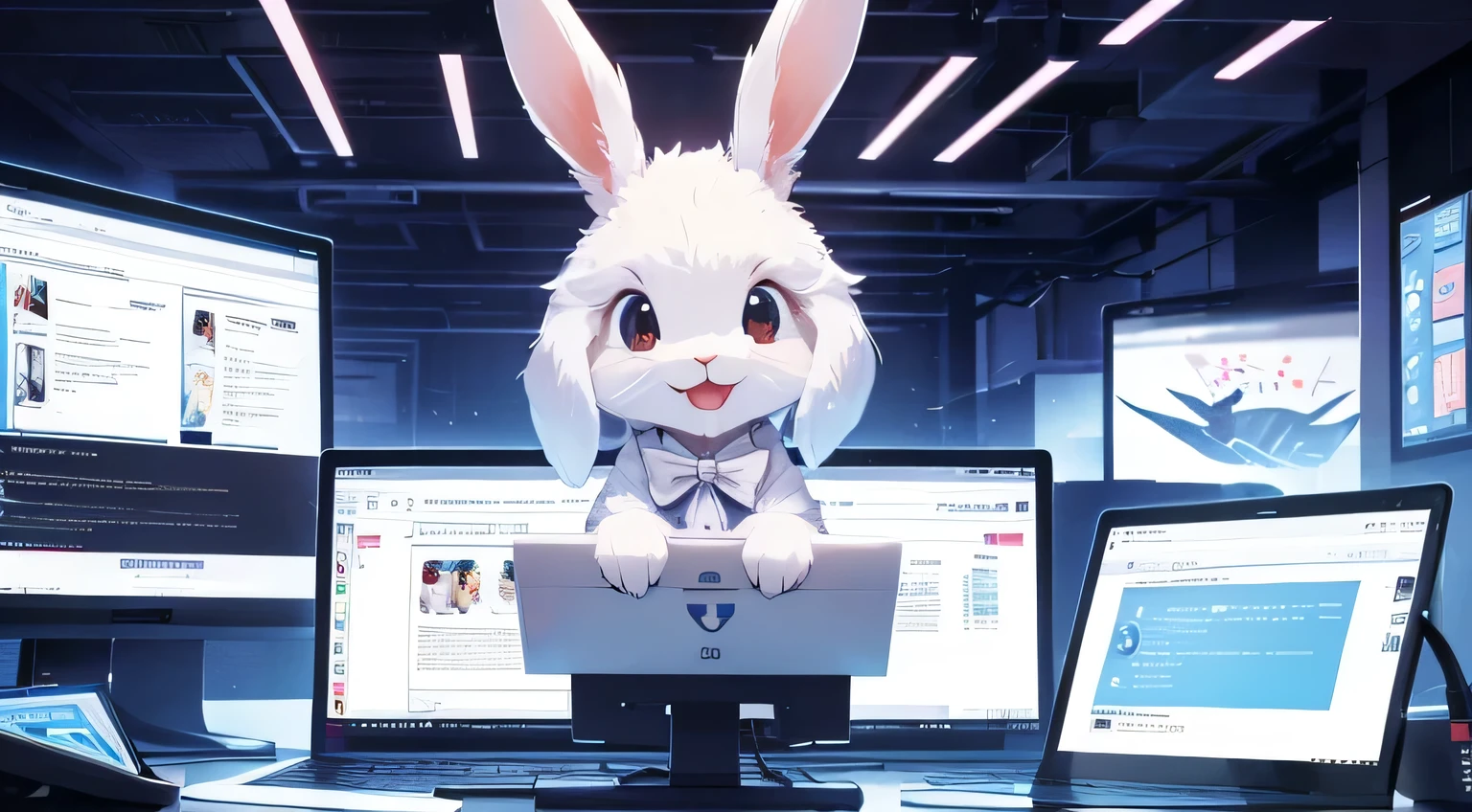 Creating a website with WordPress. Energetic, smiling, cute. A rabbit is operating a computer A bright computer room illustration