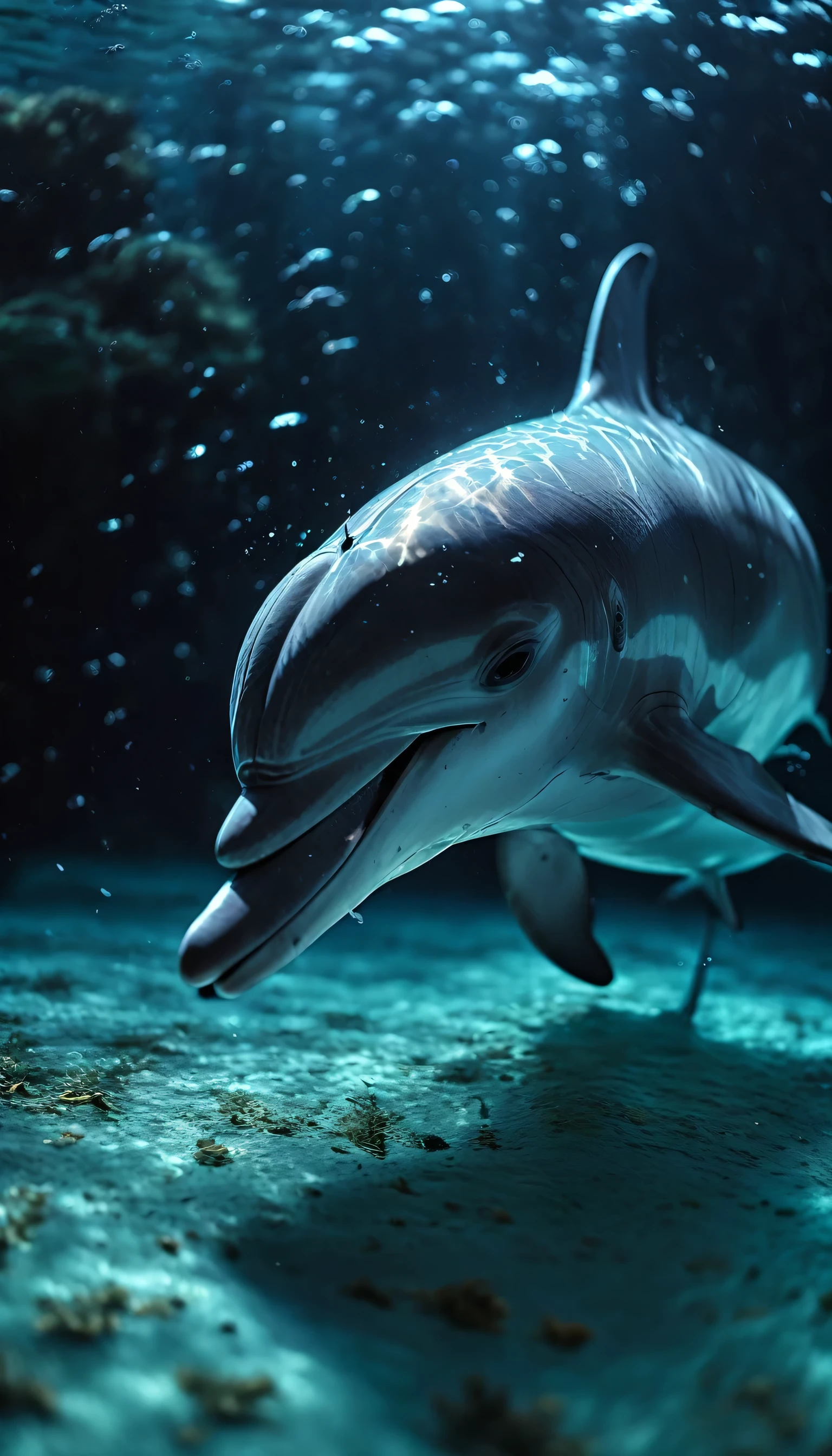 A detailed image of "a dolphin swimming" at "under the sea" during "late night", taken with a cinematic camera, using portrait with cinematic lighting --ar 9:16 --s 1000 --v 6