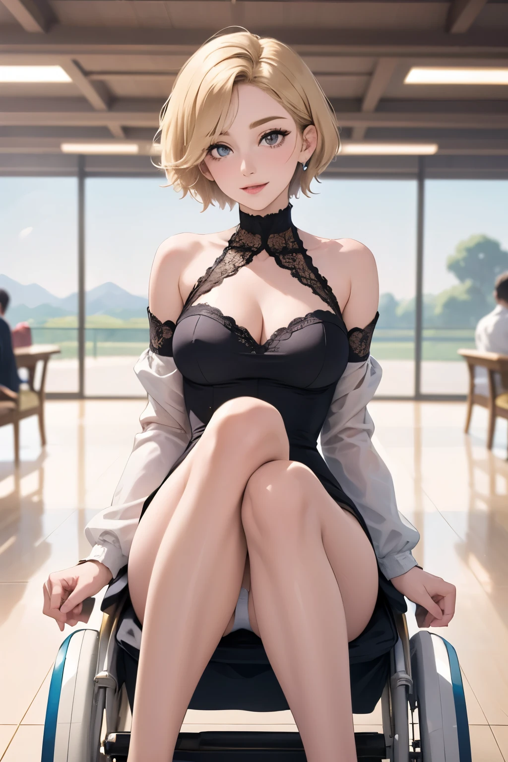 Beautiful woman sitting in wheelchair looking happy, cute expression, beautiful eyes, detailed face, masterpiece, 8k, high definition, dynamic, viewer's perspective, background is airport runway, cheerful, pure white one-piece, sense of speed, bending legs, bending knees, legs apart, red lace knitted panties,