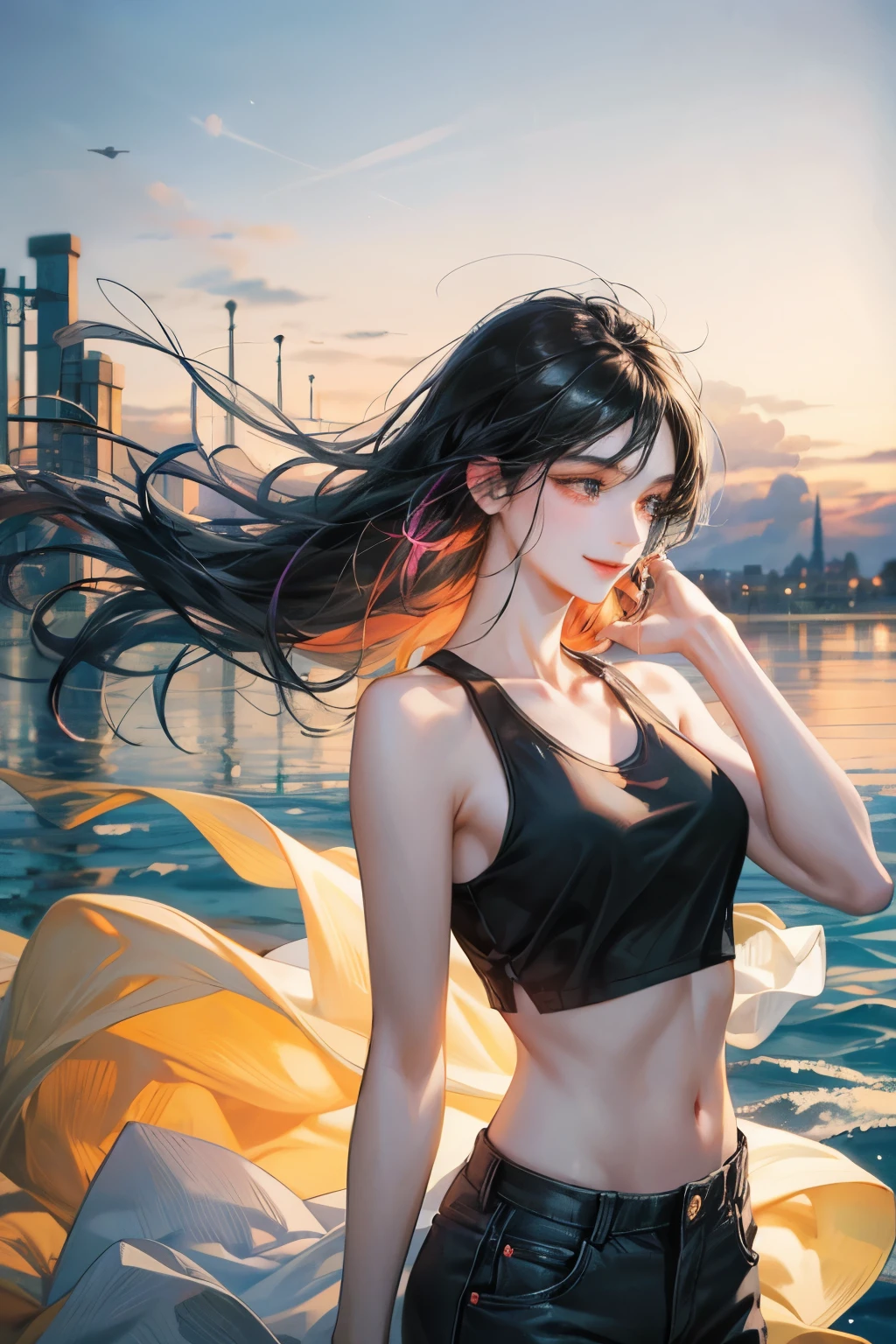 modren beautiful twin man and woman, tomboy, long black hair, family, brother and big sisterl, woman wearing long pants with tank top, smiling, same high, town background, wind that blowing hair floating in the air, colorful shade, Masterpiece, hi-quality, soft light